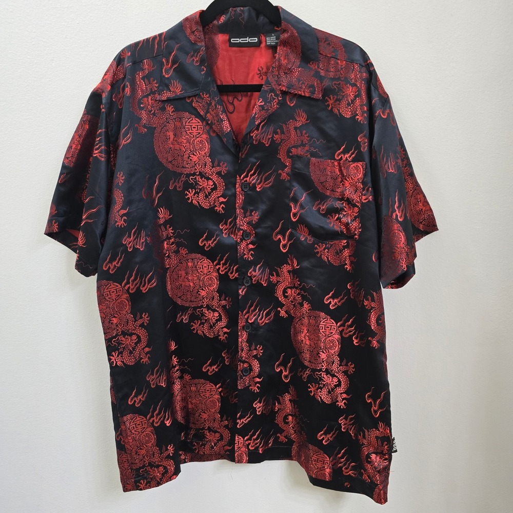 Oda Mens Red Dragon Flame Jacquard Satin Button Up Shirt Black Large Y2K Street